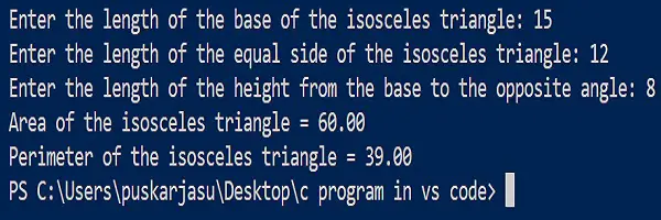 calculate area and perimeter of isosceles triangle by c programing language