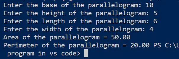 calculate area and perimeter of parallelogram by c programing language