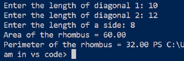 calculate area and perimeter of rhombus by c programing language