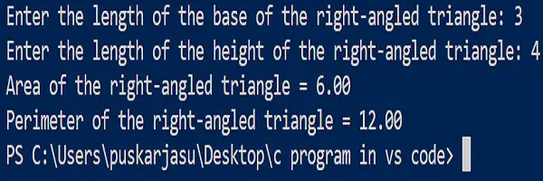 calculate area and perimeter of right-angled triangle by c programing language